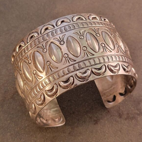 Marcella James Sterling Silver Navajo Stamped Wide Cuff Bracelet - Picture 7 of 13